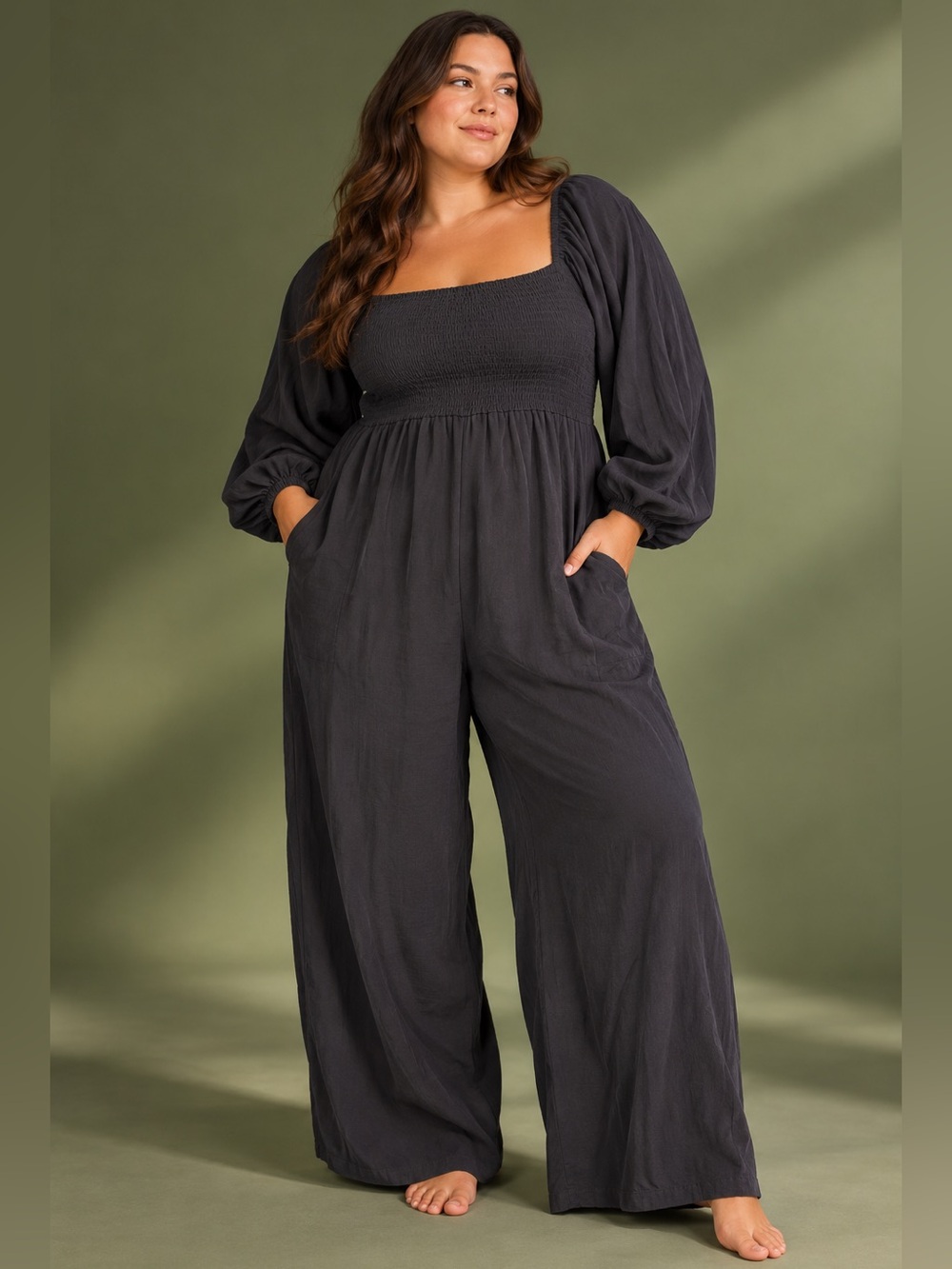 HALARA Black Smocked Square-Neck Jumpsuit with Balloon Sleeves